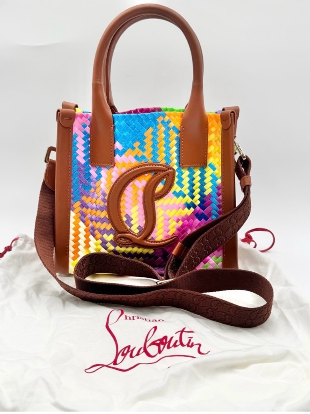 Christian Louboutin Multicolor Woven Crossbody Bag with Brown Leather Trim.